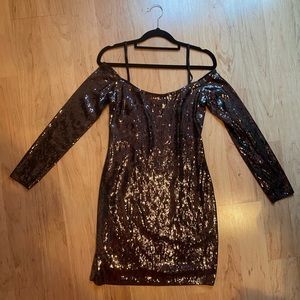 Sequin body con off the shoulder dress